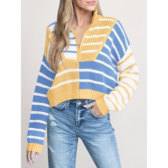 Women’s Yellow Saodi mallsu Striped Cropped Zip Up Sweater, Color Block - Picture 2 of 6